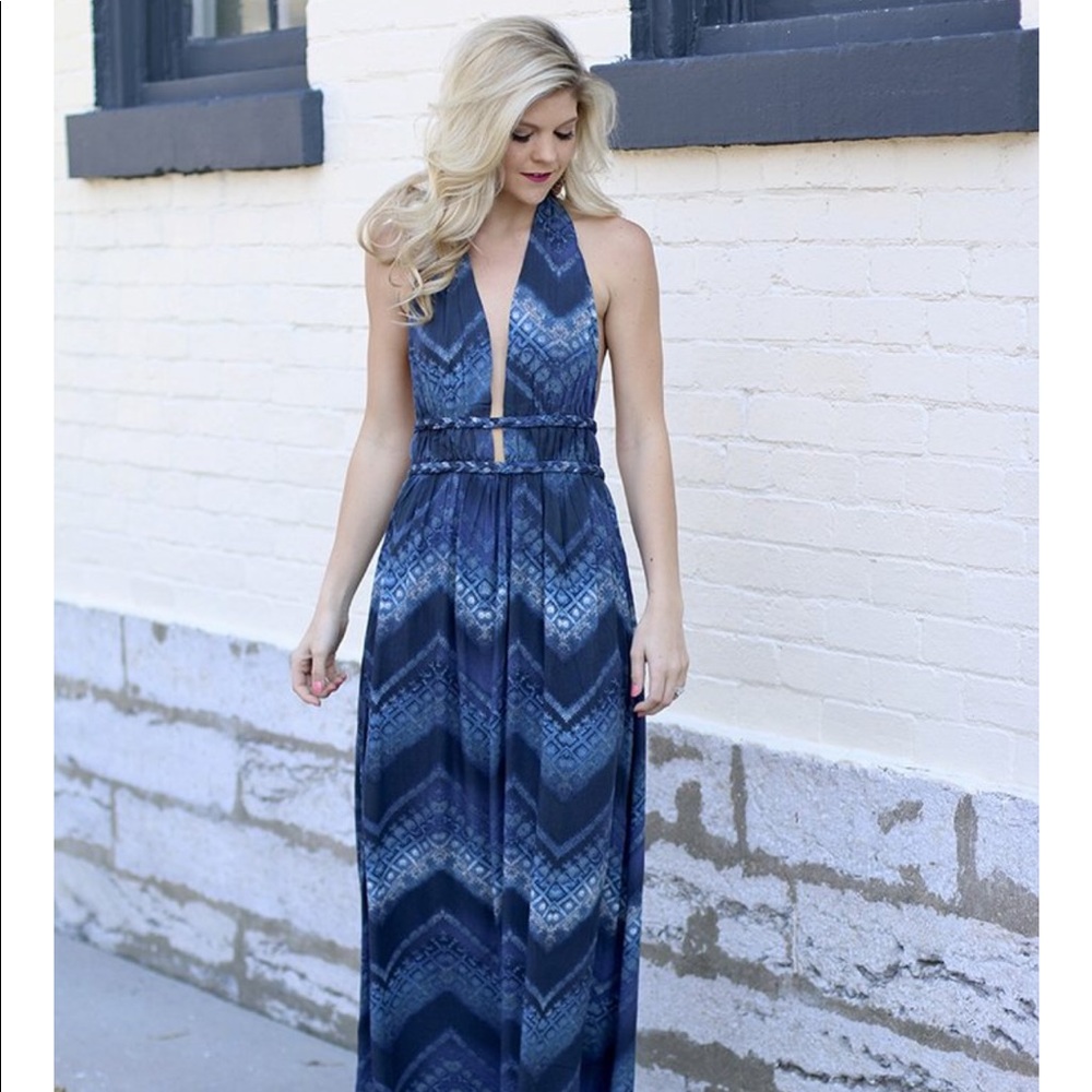 Navy Blue Plunging Neckline Open Back Maxi Dress